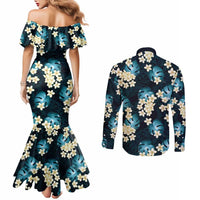 Dark Cyan Tropical Hawaii Couples Matching Mermaid Dress and Long Sleeve Button Shirt Seamless Monstera Plumeria Hawaiian Pattern LT14 - Polynesian Pride