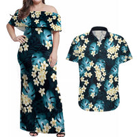 Dark Cyan Tropical Hawaii Couples Matching Off Shoulder Maxi Dress and Hawaiian Shirt Seamless Monstera Plumeria Hawaiian Pattern LT14 Dark Cyan - Polynesian Pride