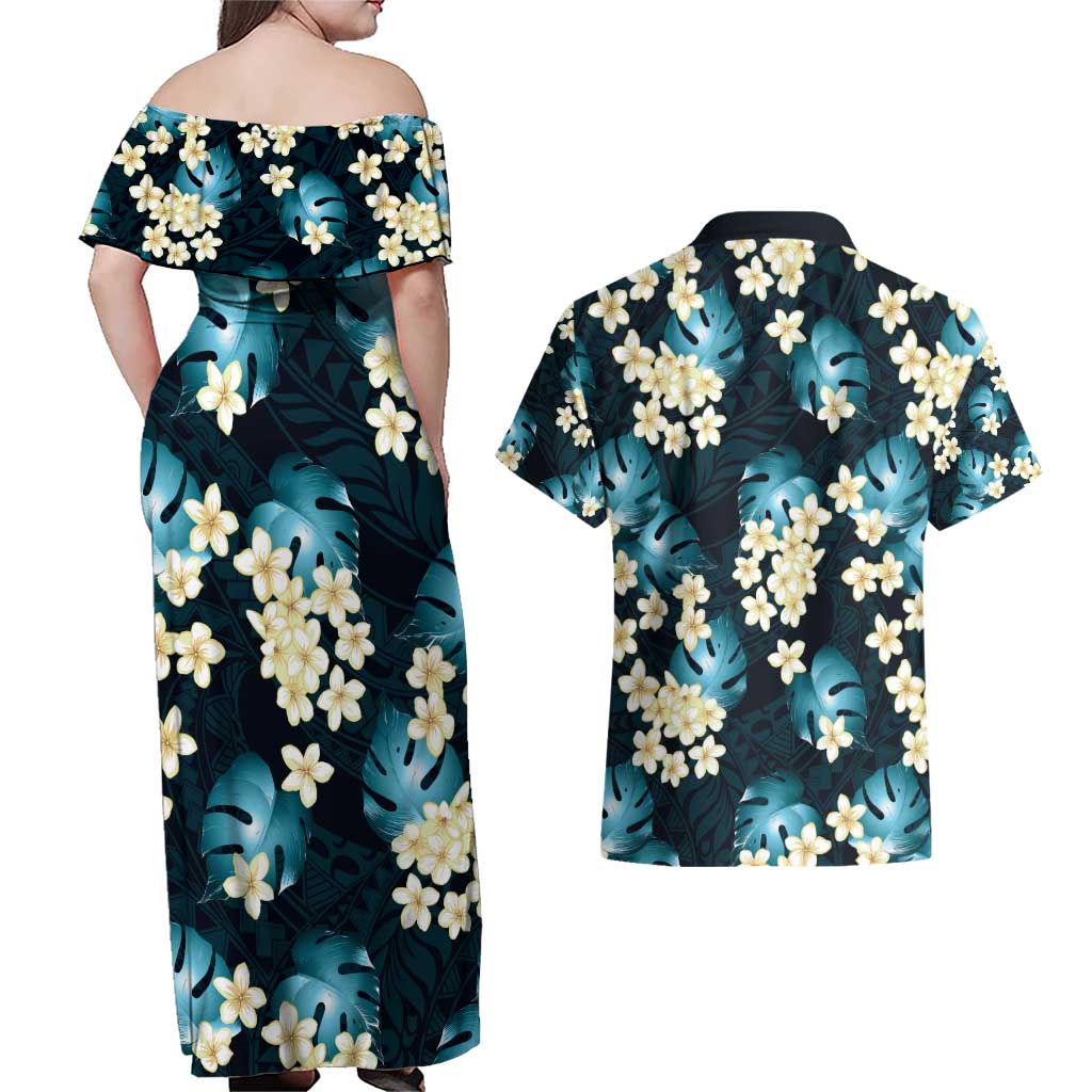 Dark Cyan Tropical Hawaii Couples Matching Off Shoulder Maxi Dress and Hawaiian Shirt Seamless Monstera Plumeria Hawaiian Pattern LT14 - Polynesian Pride