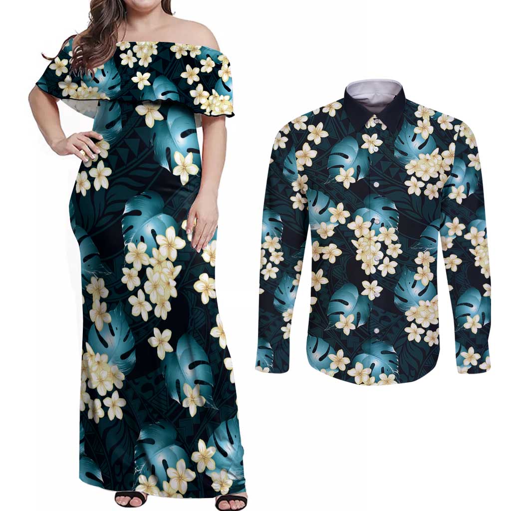 Dark Cyan Tropical Hawaii Couples Matching Off Shoulder Maxi Dress and Long Sleeve Button Shirt Seamless Monstera Plumeria Hawaiian Pattern LT14 Dark Cyan - Polynesian Pride