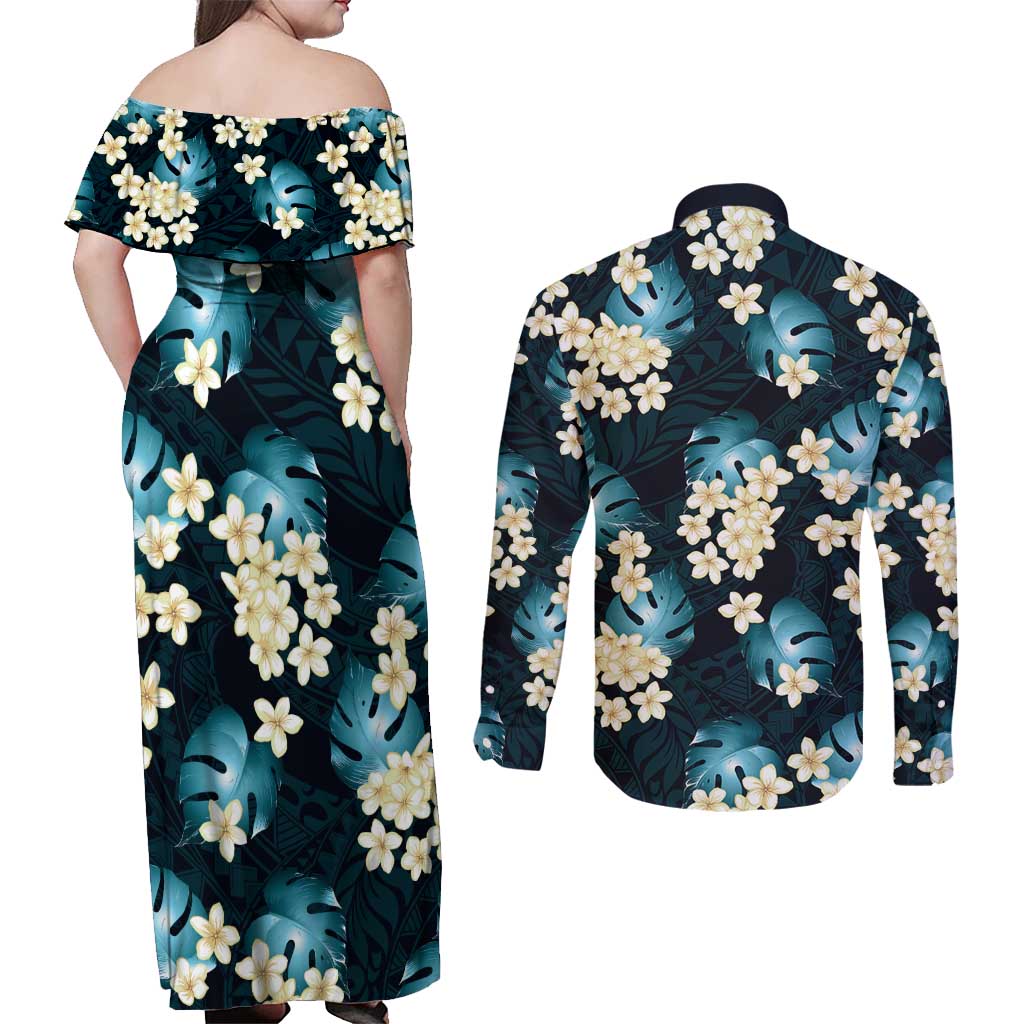 Dark Cyan Tropical Hawaii Couples Matching Off Shoulder Maxi Dress and Long Sleeve Button Shirt Seamless Monstera Plumeria Hawaiian Pattern LT14 - Polynesian Pride