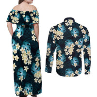 Dark Cyan Tropical Hawaii Couples Matching Off Shoulder Maxi Dress and Long Sleeve Button Shirt Seamless Monstera Plumeria Hawaiian Pattern LT14 - Polynesian Pride