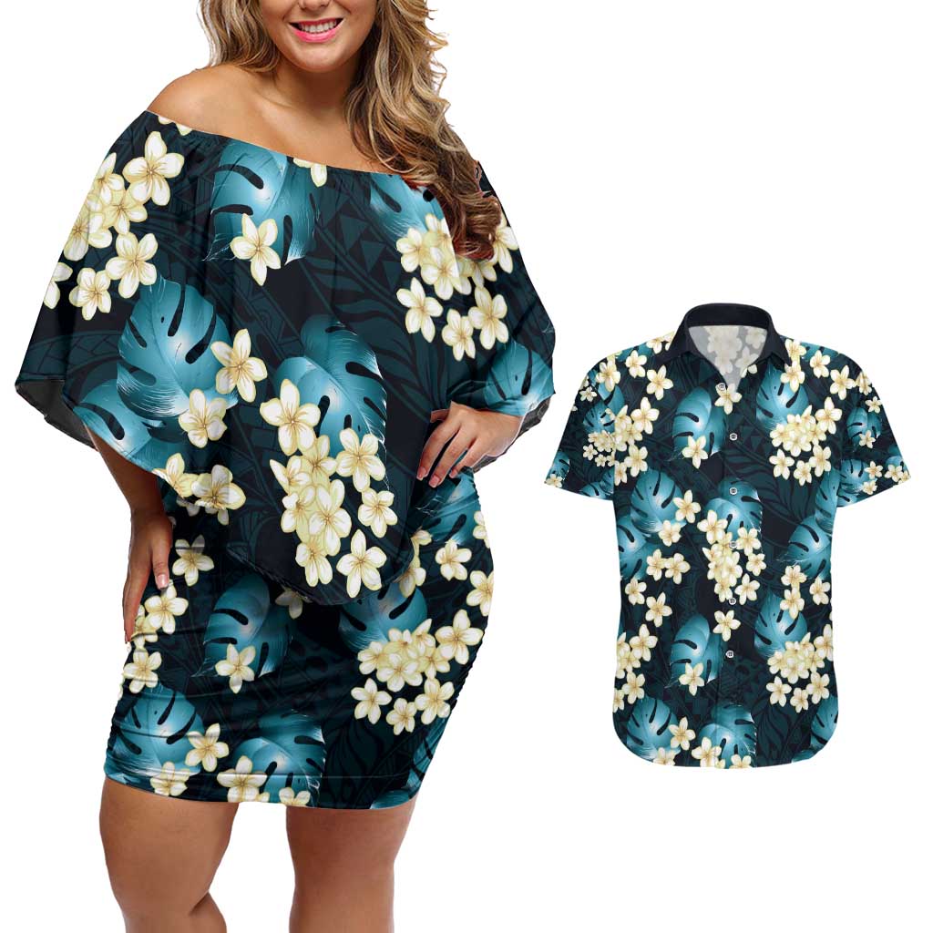 Dark Cyan Tropical Hawaii Couples Matching Off Shoulder Short Dress and Hawaiian Shirt Seamless Monstera Plumeria Hawaiian Pattern LT14 Dark Cyan - Polynesian Pride