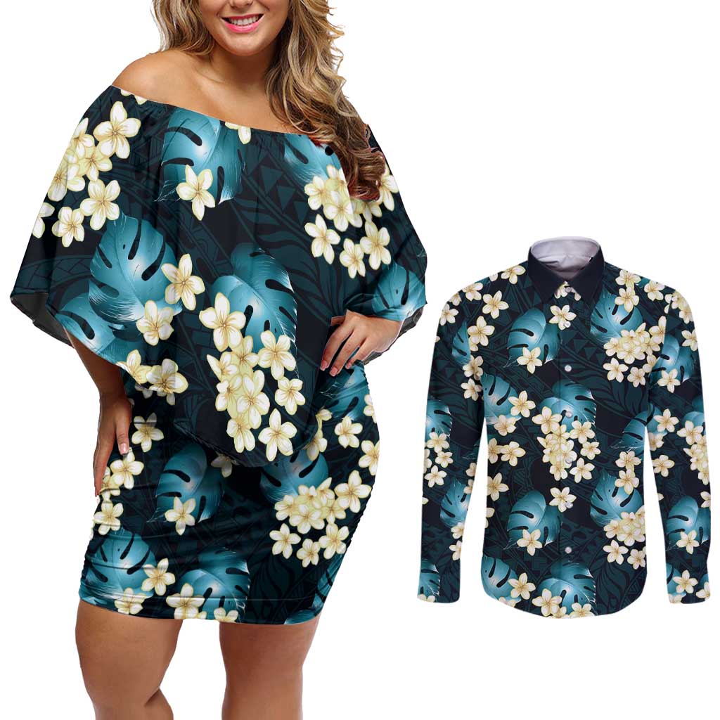 Dark Cyan Tropical Hawaii Couples Matching Off Shoulder Short Dress and Long Sleeve Button Shirt Seamless Monstera Plumeria Hawaiian Pattern LT14 Dark Cyan - Polynesian Pride