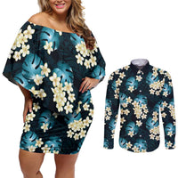 Dark Cyan Tropical Hawaii Couples Matching Off Shoulder Short Dress and Long Sleeve Button Shirt Seamless Monstera Plumeria Hawaiian Pattern LT14 Dark Cyan - Polynesian Pride