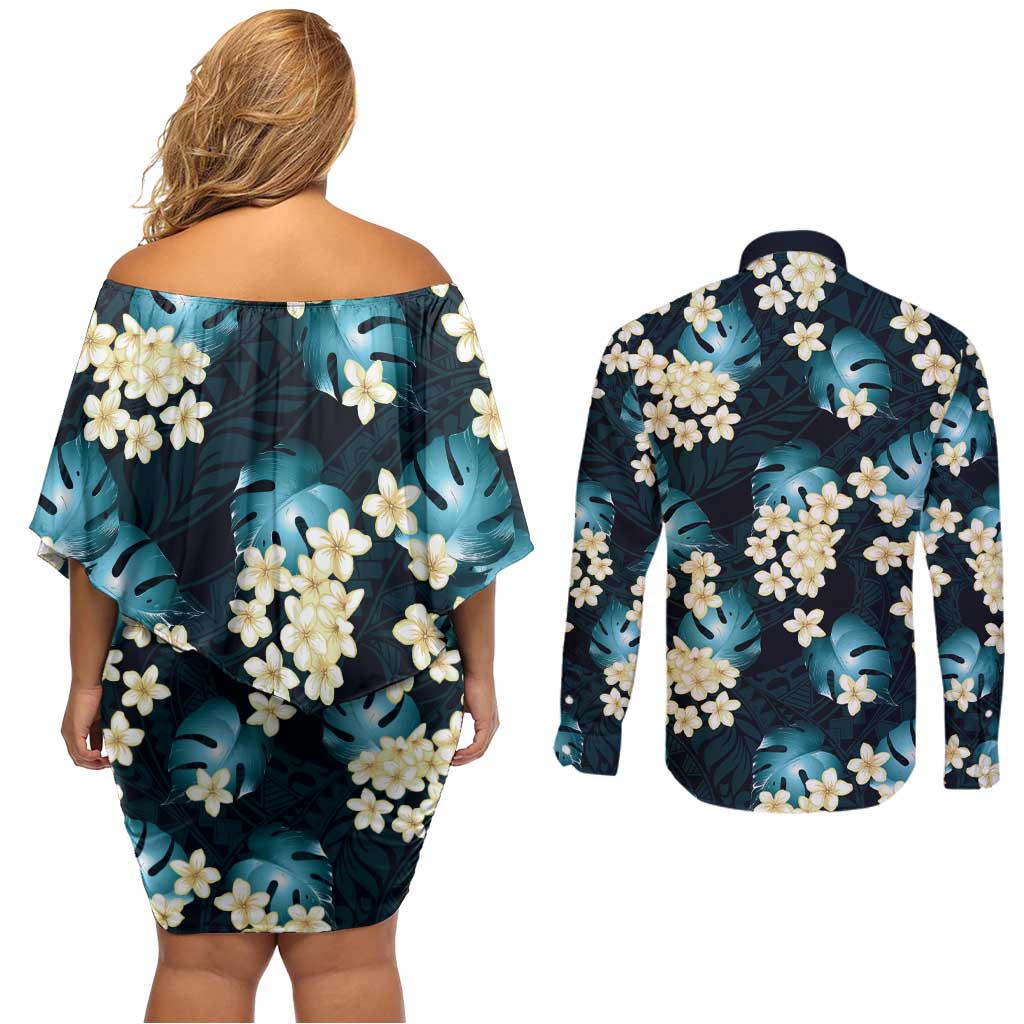 Dark Cyan Tropical Hawaii Couples Matching Off Shoulder Short Dress and Long Sleeve Button Shirt Seamless Monstera Plumeria Hawaiian Pattern LT14 - Polynesian Pride