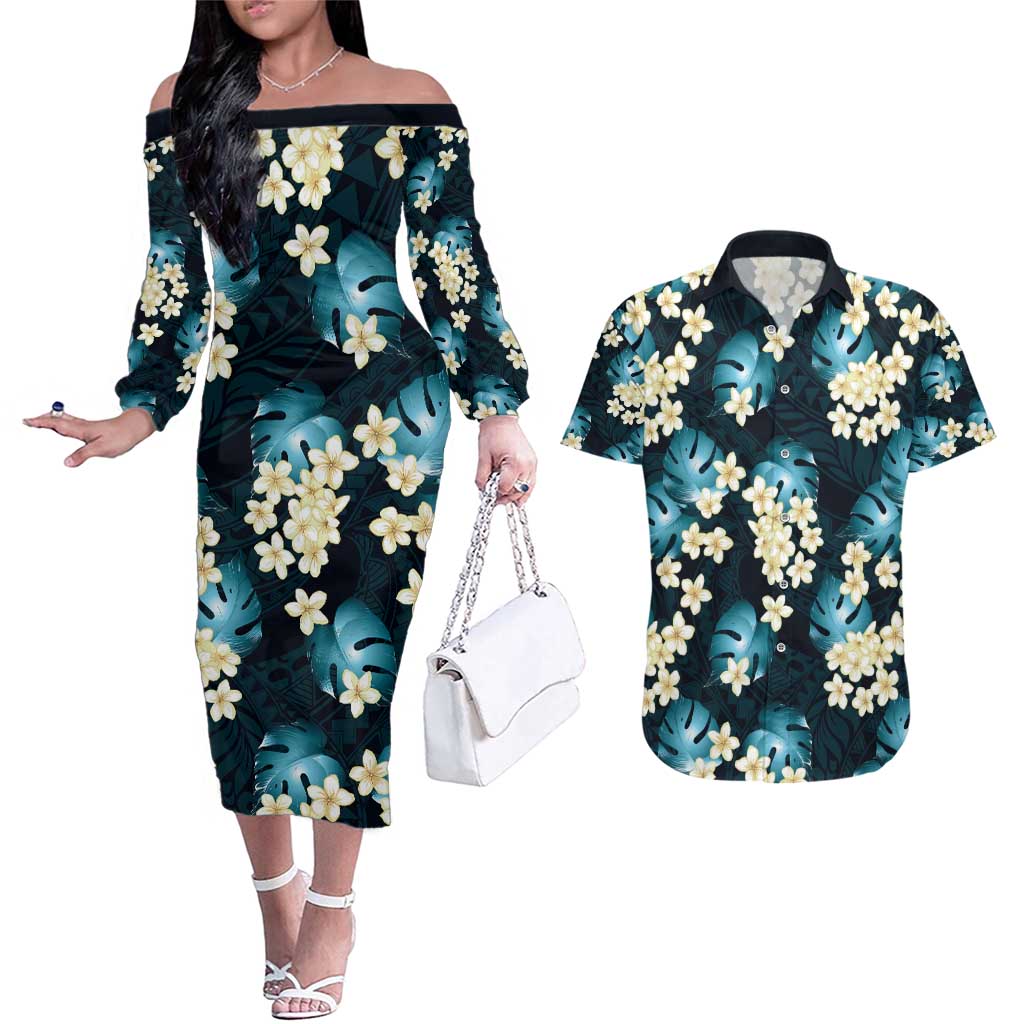 Dark Cyan Tropical Hawaii Couples Matching Off The Shoulder Long Sleeve Dress and Hawaiian Shirt Seamless Monstera Plumeria Hawaiian Pattern LT14 Dark Cyan - Polynesian Pride