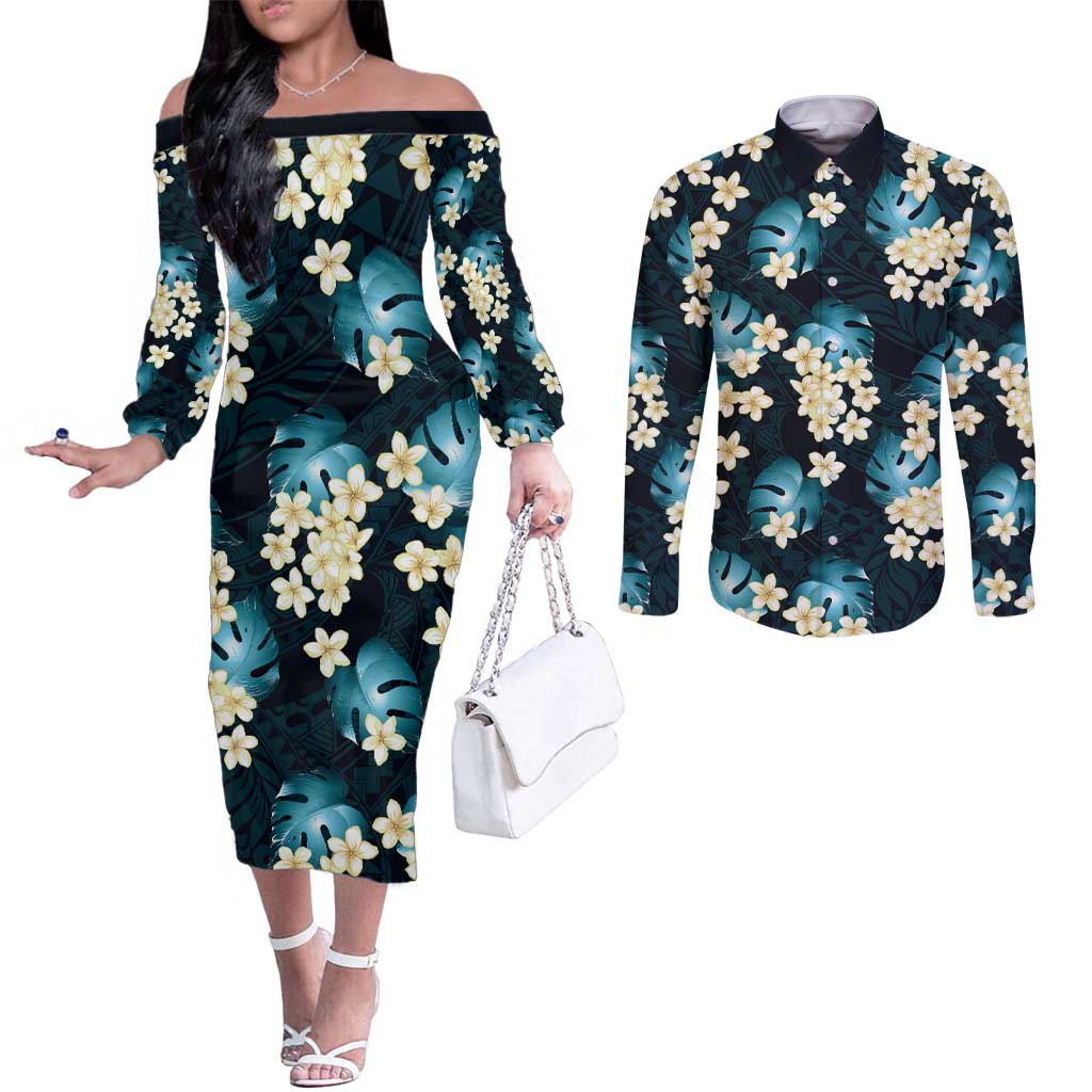 Dark Cyan Tropical Hawaii Couples Matching Off The Shoulder Long Sleeve Dress and Long Sleeve Button Shirt Seamless Monstera Plumeria Hawaiian Pattern LT14 Dark Cyan - Polynesian Pride