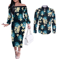 Dark Cyan Tropical Hawaii Couples Matching Off The Shoulder Long Sleeve Dress and Long Sleeve Button Shirt Seamless Monstera Plumeria Hawaiian Pattern LT14 Dark Cyan - Polynesian Pride