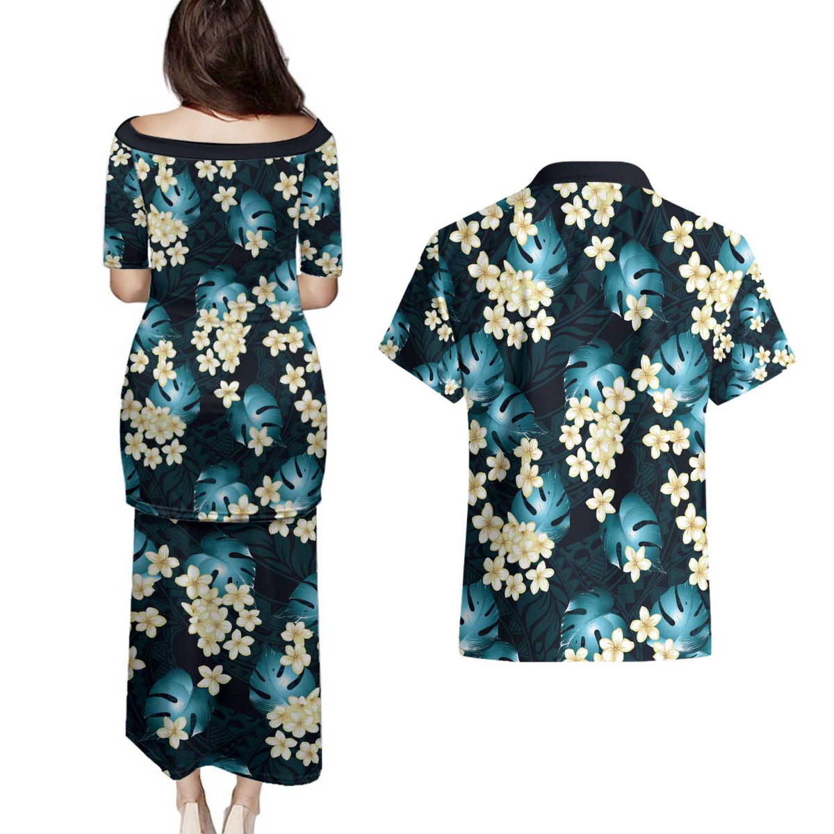Dark Cyan Tropical Hawaii Couples Matching Puletasi and Hawaiian Shirt Seamless Monstera Plumeria Hawaiian Pattern LT14 - Polynesian Pride