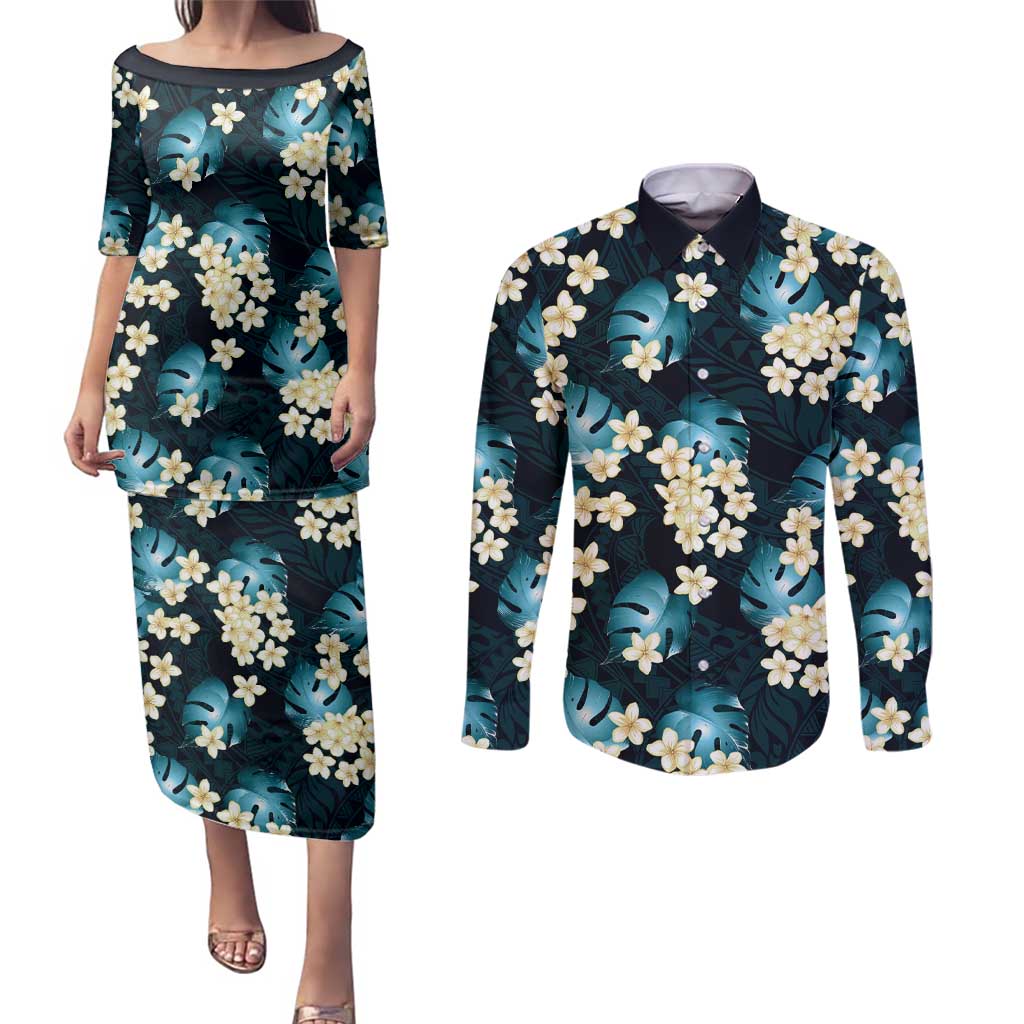 Dark Cyan Tropical Hawaii Couples Matching Puletasi and Long Sleeve Button Shirt Seamless Monstera Plumeria Hawaiian Pattern LT14 Dark Cyan - Polynesian Pride
