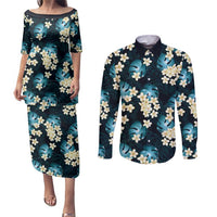 Dark Cyan Tropical Hawaii Couples Matching Puletasi and Long Sleeve Button Shirt Seamless Monstera Plumeria Hawaiian Pattern - Polynesian Pride