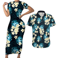 Dark Cyan Tropical Hawaii Couples Matching Short Sleeve Bodycon Dress and Hawaiian Shirt Seamless Monstera Plumeria Hawaiian Pattern LT14 Dark Cyan - Polynesian Pride