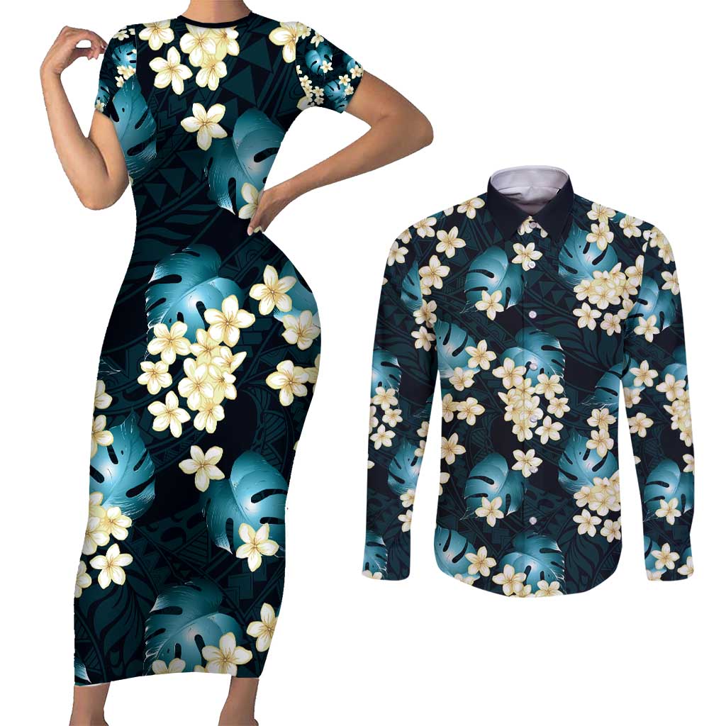 Dark Cyan Tropical Hawaii Couples Matching Short Sleeve Bodycon Dress and Long Sleeve Button Shirt Seamless Monstera Plumeria Hawaiian Pattern LT14 Dark Cyan - Polynesian Pride