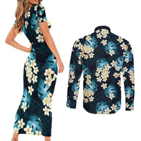 Dark Cyan Tropical Hawaii Couples Matching Short Sleeve Bodycon Dress and Long Sleeve Button Shirt Seamless Monstera Plumeria Hawaiian Pattern LT14 - Polynesian Pride