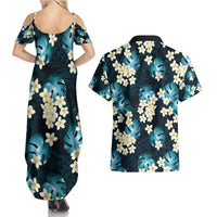 Dark Cyan Tropical Hawaii Couples Matching Summer Maxi Dress and Hawaiian Shirt Seamless Monstera Plumeria Hawaiian Pattern LT14 - Polynesian Pride