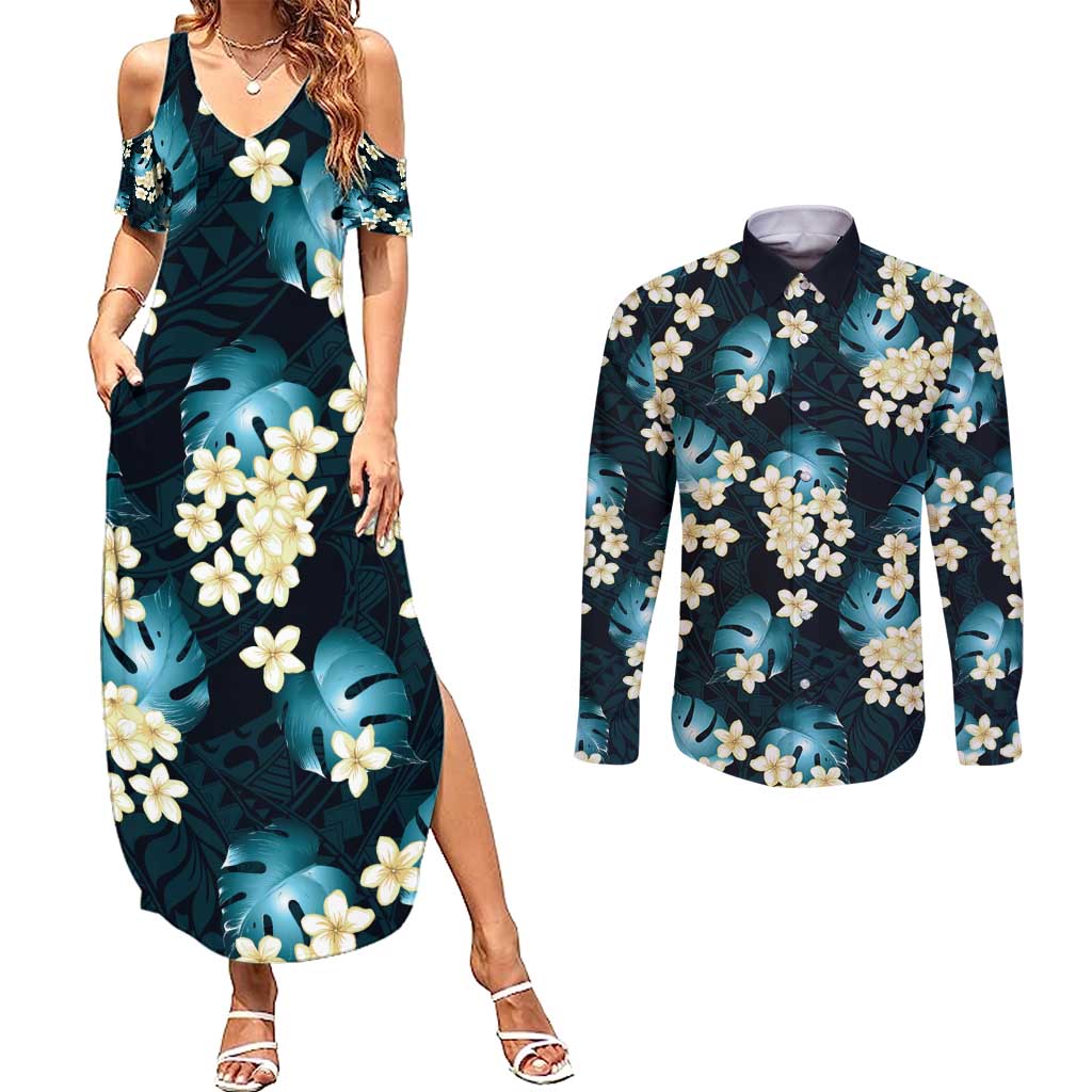 Dark Cyan Tropical Hawaii Couples Matching Summer Maxi Dress and Long Sleeve Button Shirt Seamless Monstera Plumeria Hawaiian Pattern LT14 Dark Cyan - Polynesian Pride