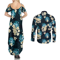 Dark Cyan Tropical Hawaii Couples Matching Summer Maxi Dress and Long Sleeve Button Shirt Seamless Monstera Plumeria Hawaiian Pattern LT14 - Polynesian Pride