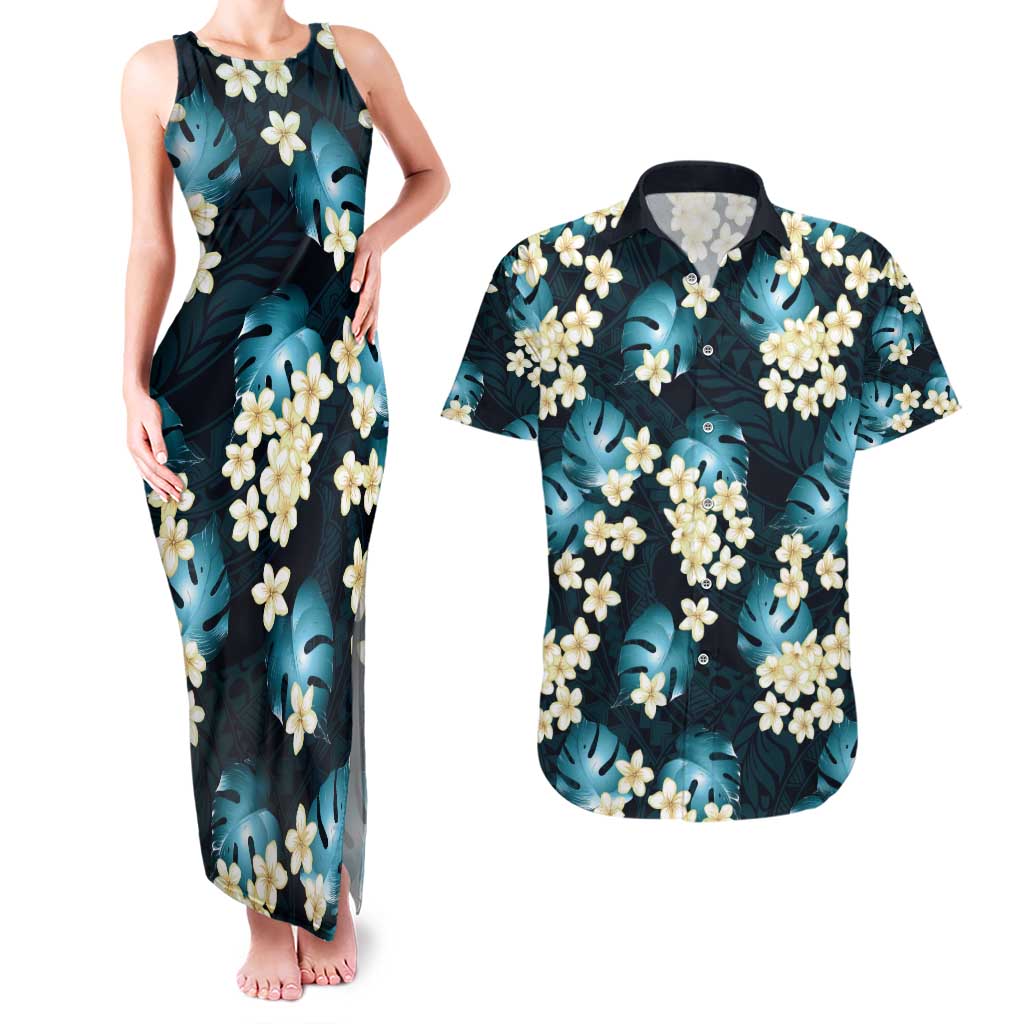 Dark Cyan Tropical Hawaii Couples Matching Tank Maxi Dress and Hawaiian Shirt Seamless Monstera Plumeria Hawaiian Pattern LT14 Dark Cyan - Polynesian Pride