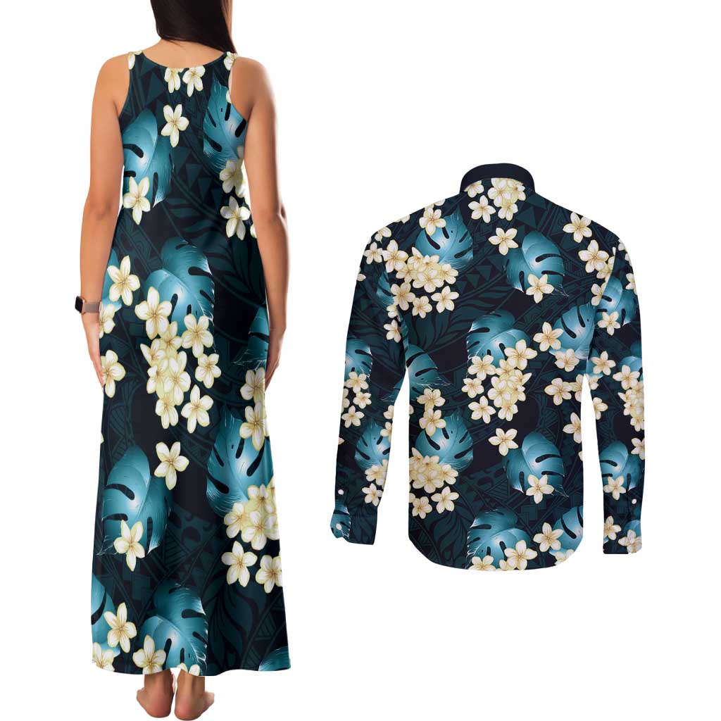 Dark Cyan Tropical Hawaii Couples Matching Tank Maxi Dress and Long Sleeve Button Shirt Seamless Monstera Plumeria Hawaiian Pattern LT14 - Polynesian Pride