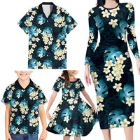 Dark Cyan Tropical Hawaii Family Matching Long Sleeve Bodycon Dress and Hawaiian Shirt Seamless Monstera Plumeria Hawaiian Pattern LT14 - Polynesian Pride