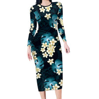 Dark Cyan Tropical Hawaii Family Matching Long Sleeve Bodycon Dress and Hawaiian Shirt Seamless Monstera Plumeria Hawaiian Pattern LT14 Mom's Dress Dark Cyan - Polynesian Pride