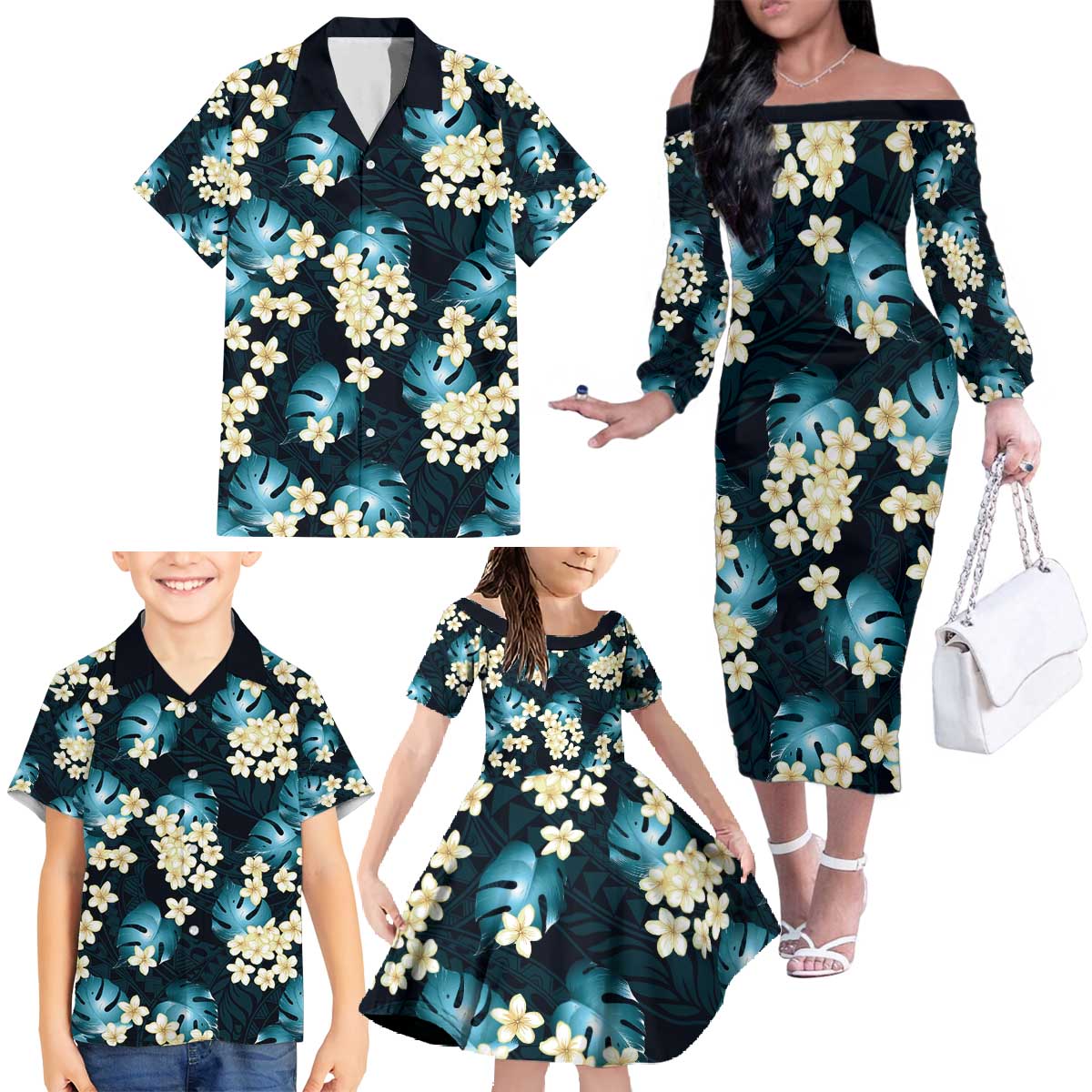 Dark Cyan Tropical Hawaii Family Matching Off The Shoulder Long Sleeve Dress and Hawaiian Shirt Seamless Monstera Plumeria Hawaiian Pattern LT14 - Polynesian Pride