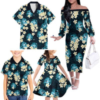 Dark Cyan Tropical Hawaii Family Matching Off The Shoulder Long Sleeve Dress and Hawaiian Shirt Seamless Monstera Plumeria Hawaiian Pattern LT14 - Polynesian Pride