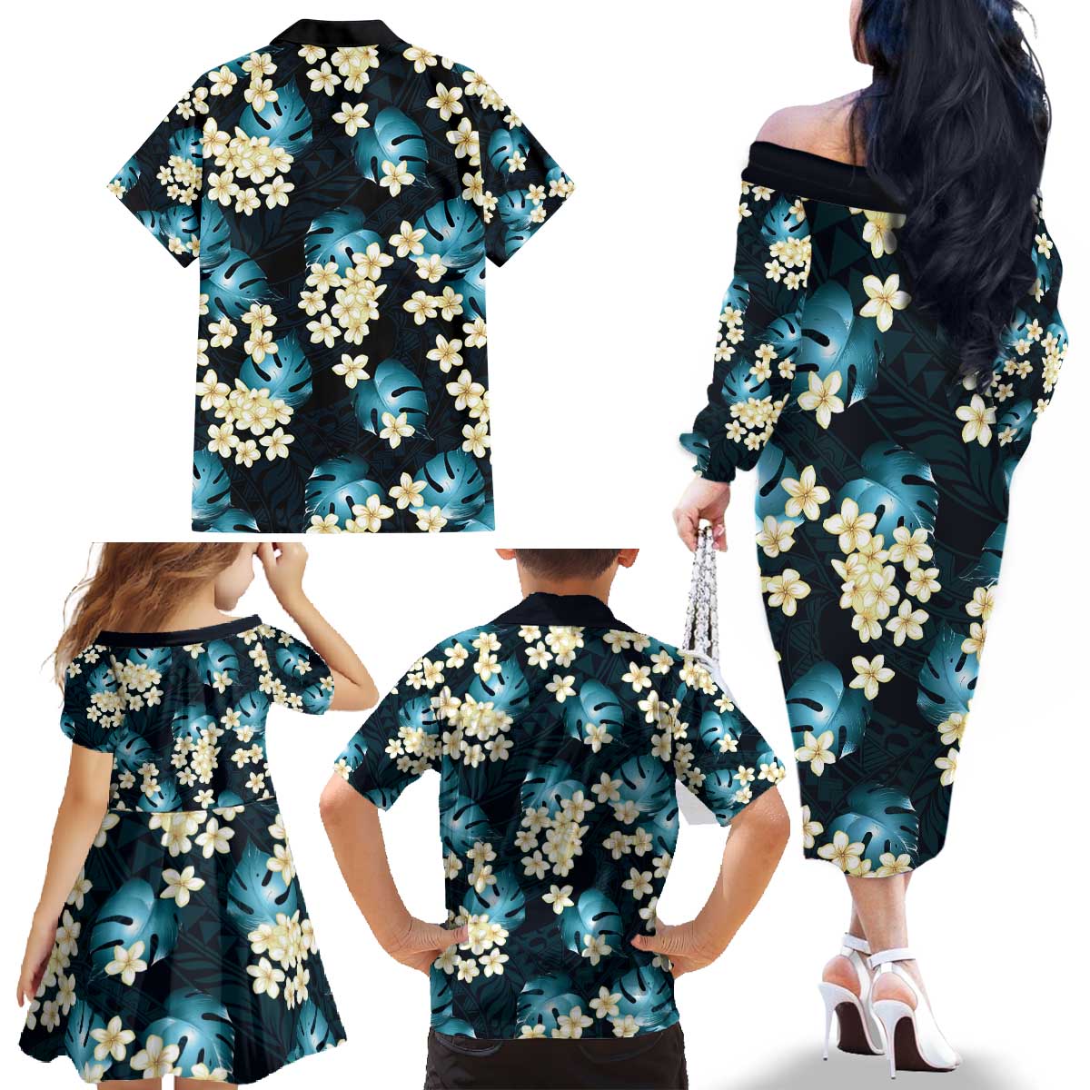 Dark Cyan Tropical Hawaii Family Matching Off The Shoulder Long Sleeve Dress and Hawaiian Shirt Seamless Monstera Plumeria Hawaiian Pattern LT14 - Polynesian Pride