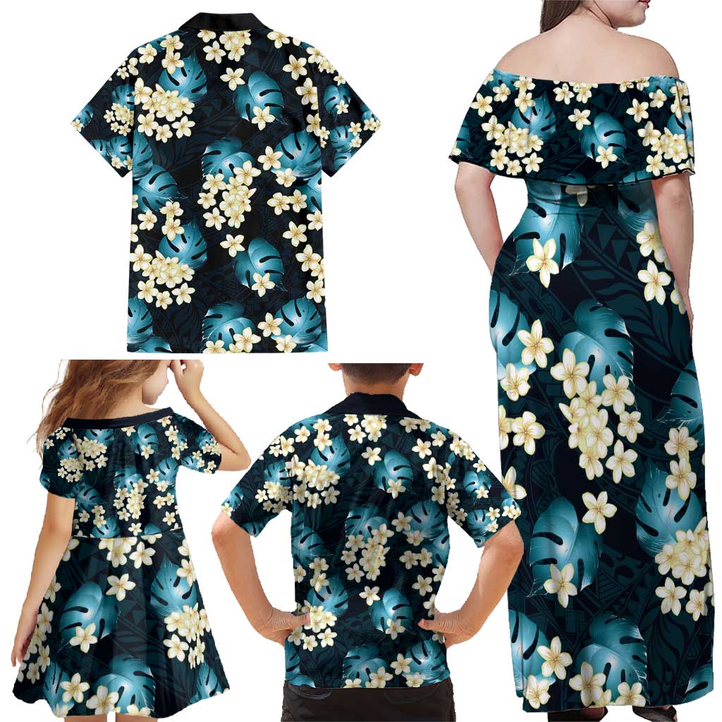 Dark Cyan Tropical Hawaii Family Matching Off Shoulder Maxi Dress and Hawaiian Shirt Seamless Monstera Plumeria Hawaiian Pattern LT14 - Polynesian Pride
