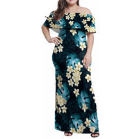 Dark Cyan Tropical Hawaii Family Matching Off Shoulder Maxi Dress and Hawaiian Shirt Seamless Monstera Plumeria Hawaiian Pattern LT14 Mom's Dress Dark Cyan - Polynesian Pride