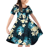 Dark Cyan Tropical Hawaii Family Matching Off Shoulder Short Dress and Hawaiian Shirt Seamless Monstera Plumeria Hawaiian Pattern LT14 Daughter's Dress Dark Cyan - Polynesian Pride