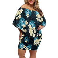 Dark Cyan Tropical Hawaii Family Matching Off Shoulder Short Dress and Hawaiian Shirt Seamless Monstera Plumeria Hawaiian Pattern LT14 Mom's Dress Dark Cyan - Polynesian Pride