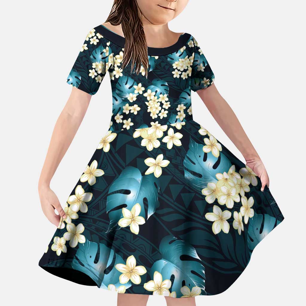 Dark Cyan Tropical Hawaii Family Matching Puletasi and Hawaiian Shirt Seamless Monstera Plumeria Hawaiian Pattern LT14 Daughter's Dress Dark Cyan - Polynesian Pride
