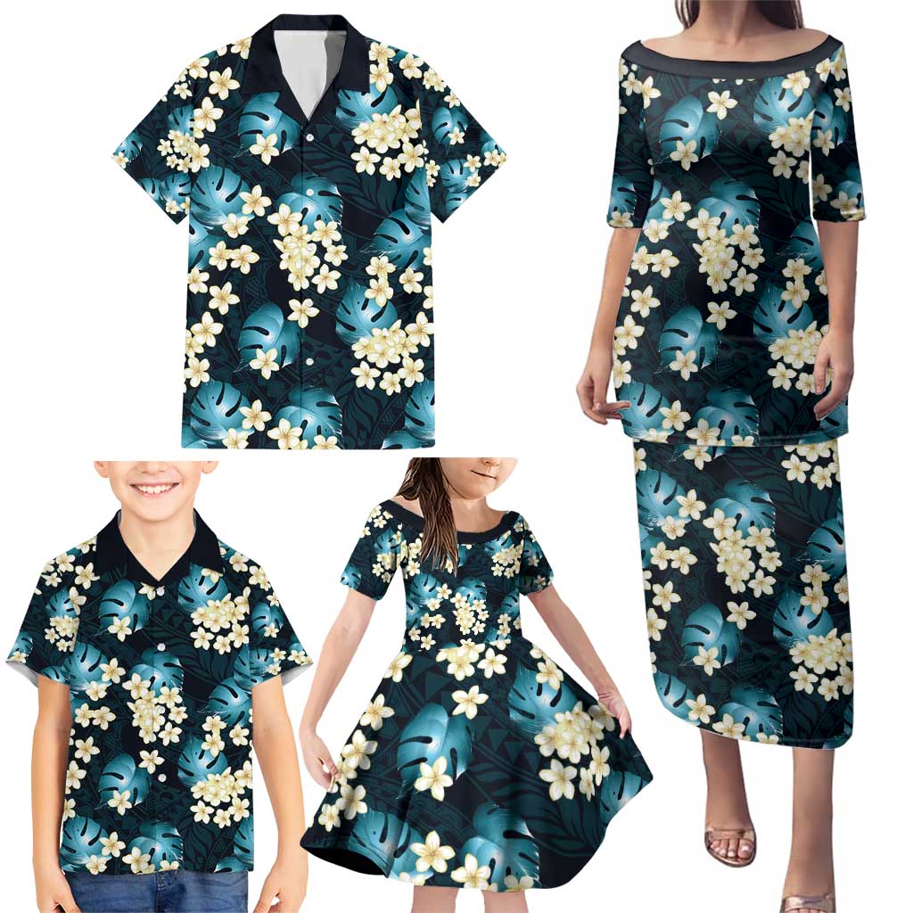 Dark Cyan Tropical Hawaii Family Matching Puletasi and Hawaiian Shirt Seamless Monstera Plumeria Hawaiian Pattern LT14 - Polynesian Pride