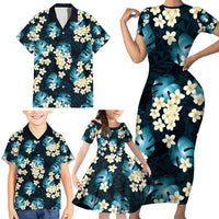 Dark Cyan Tropical Hawaii Family Matching Short Sleeve Bodycon Dress and Hawaiian Shirt Seamless Monstera Plumeria Hawaiian Pattern LT14 - Polynesian Pride