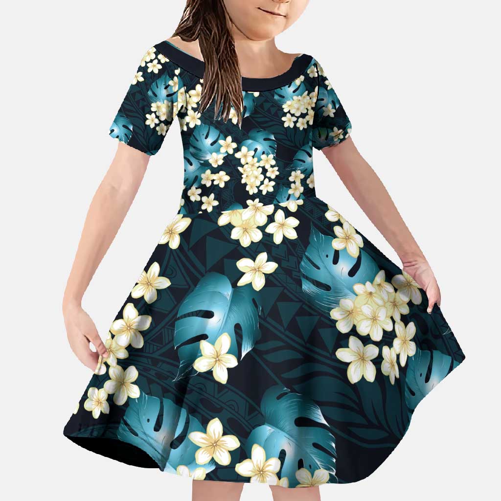 Dark Cyan Tropical Hawaii Family Matching Summer Maxi Dress and Hawaiian Shirt Seamless Monstera Plumeria Hawaiian Pattern LT14 Daughter's Dress Dark Cyan - Polynesian Pride