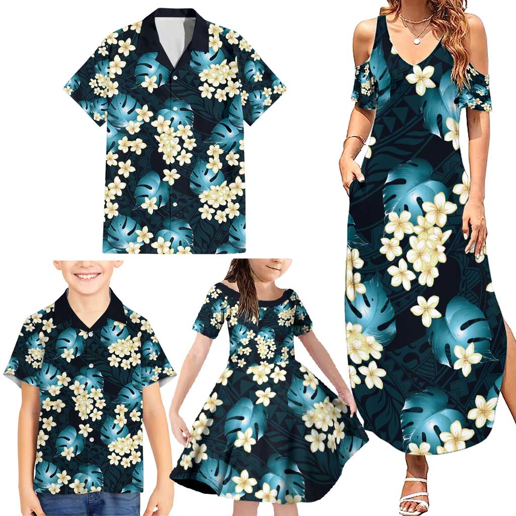 Dark Cyan Tropical Hawaii Family Matching Summer Maxi Dress and Hawaiian Shirt Seamless Monstera Plumeria Hawaiian Pattern - Polynesian Pride