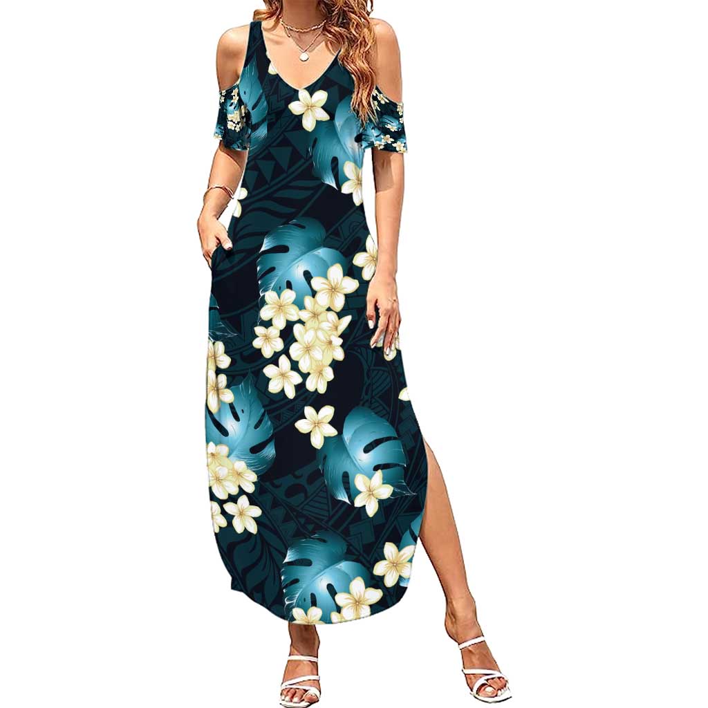 Dark Cyan Tropical Hawaii Family Matching Summer Maxi Dress and Hawaiian Shirt Seamless Monstera Plumeria Hawaiian Pattern LT14 Mom's Dress Dark Cyan - Polynesian Pride
