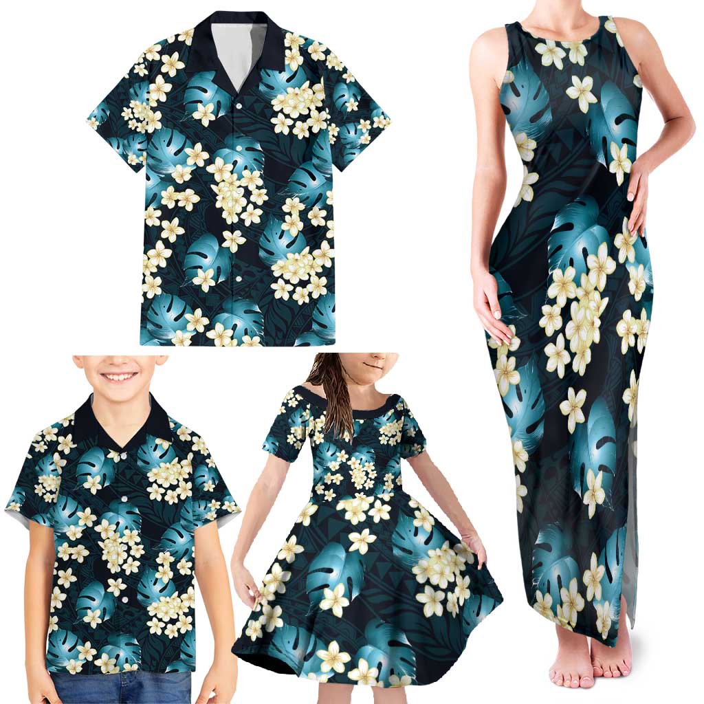 Dark Cyan Tropical Hawaii Family Matching Tank Maxi Dress and Hawaiian Shirt Seamless Monstera Plumeria Hawaiian Pattern LT14 - Polynesian Pride