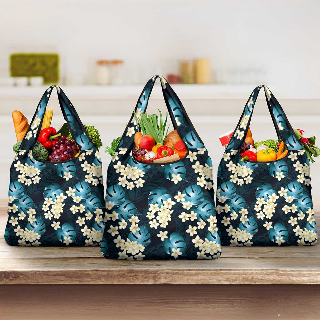 Dark Cyan Tropical Hawaii Grocery Bag Seamless Monstera Plumeria Hawaiian Pattern - Polynesian Pride