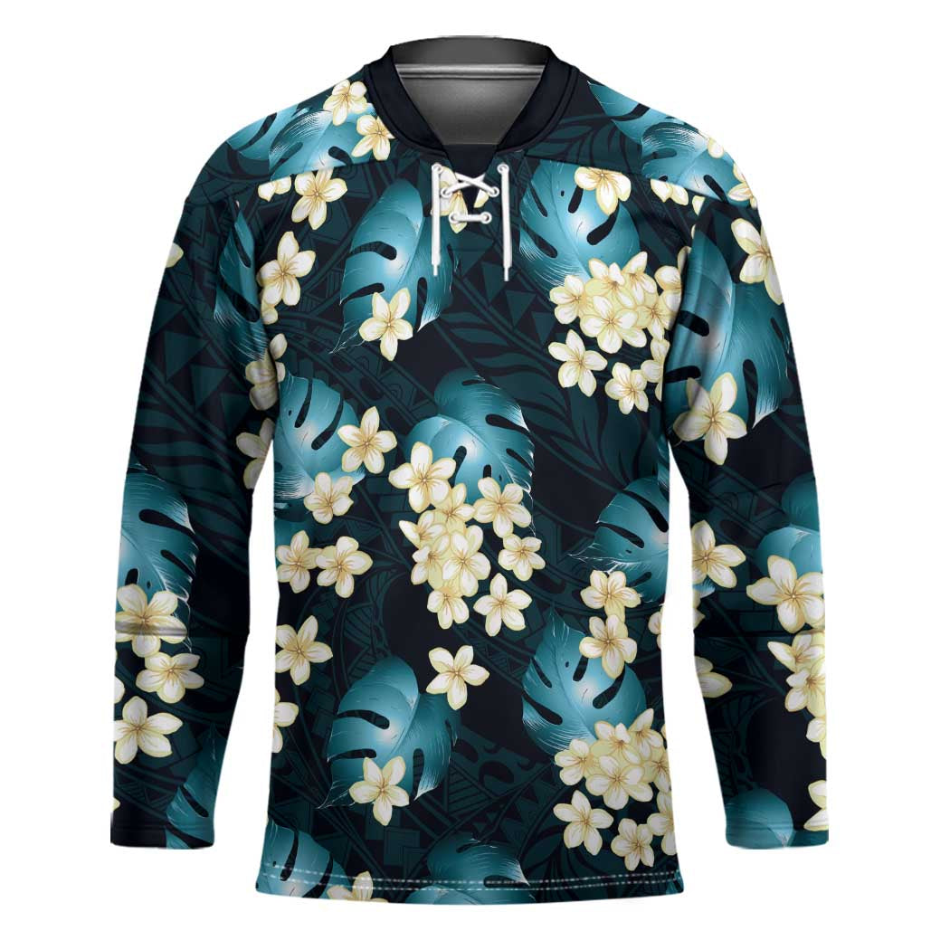 Dark Cyan Tropical Hawaii Hockey Jersey Seamless Monstera Plumeria Hawaiian Pattern - Polynesian Pride