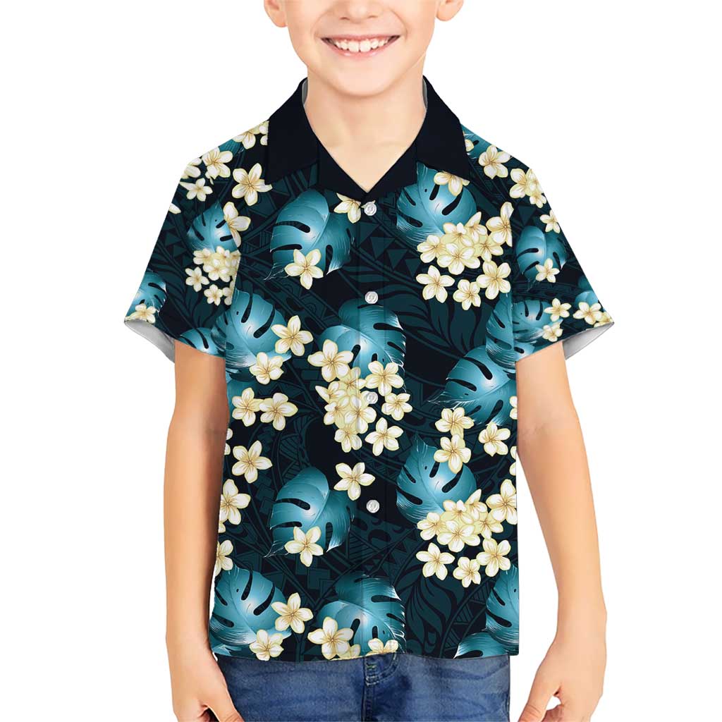 Dark Cyan Tropical Hawaii Kid Hawaiian Shirt Seamless Monstera Plumeria Hawaiian Pattern LT14 Kid Dark Cyan - Polynesian Pride