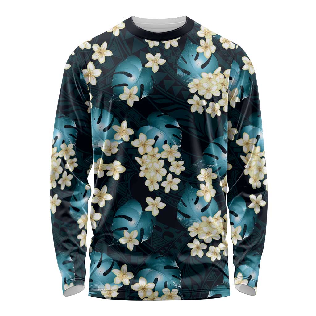 Dark Cyan Tropical Hawaii Long Sleeve Shirt Seamless Monstera Plumeria Hawaiian Pattern - Polynesian Pride