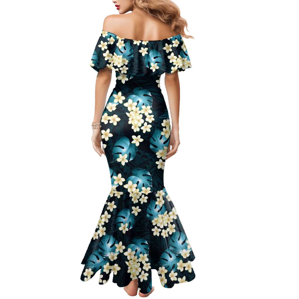 Dark Cyan Tropical Hawaii Mermaid Dress Seamless Monstera Plumeria Hawaiian Pattern - Polynesian Pride