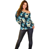 Dark Cyan Tropical Hawaii Off Shoulder Sweater Seamless Monstera Plumeria Hawaiian Pattern - Polynesian Pride