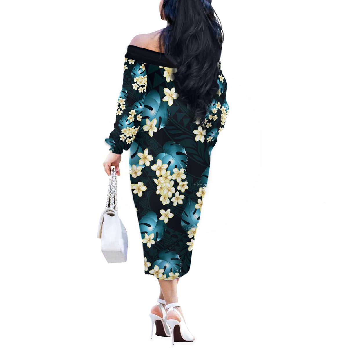 Dark Cyan Tropical Hawaii Off The Shoulder Long Sleeve Dress Seamless Monstera Plumeria Hawaiian Pattern - Polynesian Pride