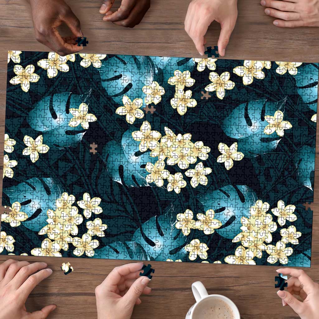 Dark Cyan Tropical Hawaii Puzzle Seamless Monstera Plumeria Hawaiian Pattern LT14 - Polynesian Pride