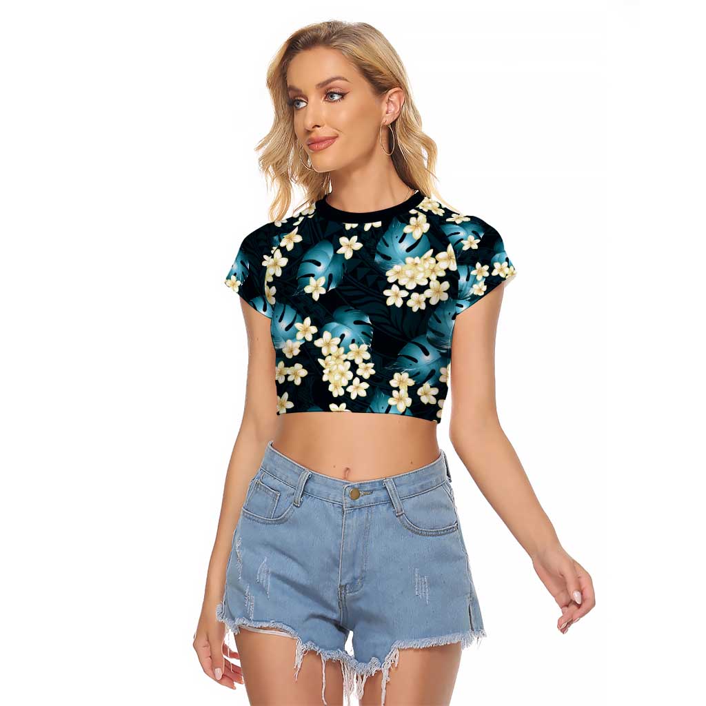 Dark Cyan Tropical Hawaii Raglan Cropped T Shirt Seamless Monstera Plumeria Hawaiian Pattern - Polynesian Pride