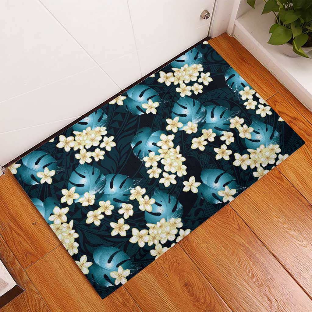 Dark Cyan Tropical Hawaii Rubber Doormat Seamless Monstera Plumeria Hawaiian Pattern - Polynesian Pride